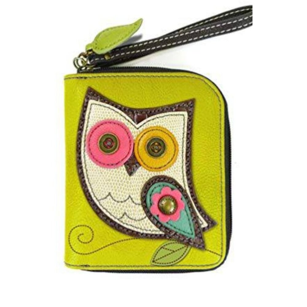 Chala Vegan Wallet Mustard Yellow With Owl Applique & Leaf Zipper Card Slots